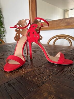 Top Shop Red Suede High Heel Sandals with Laser-Cut Ankle Detail